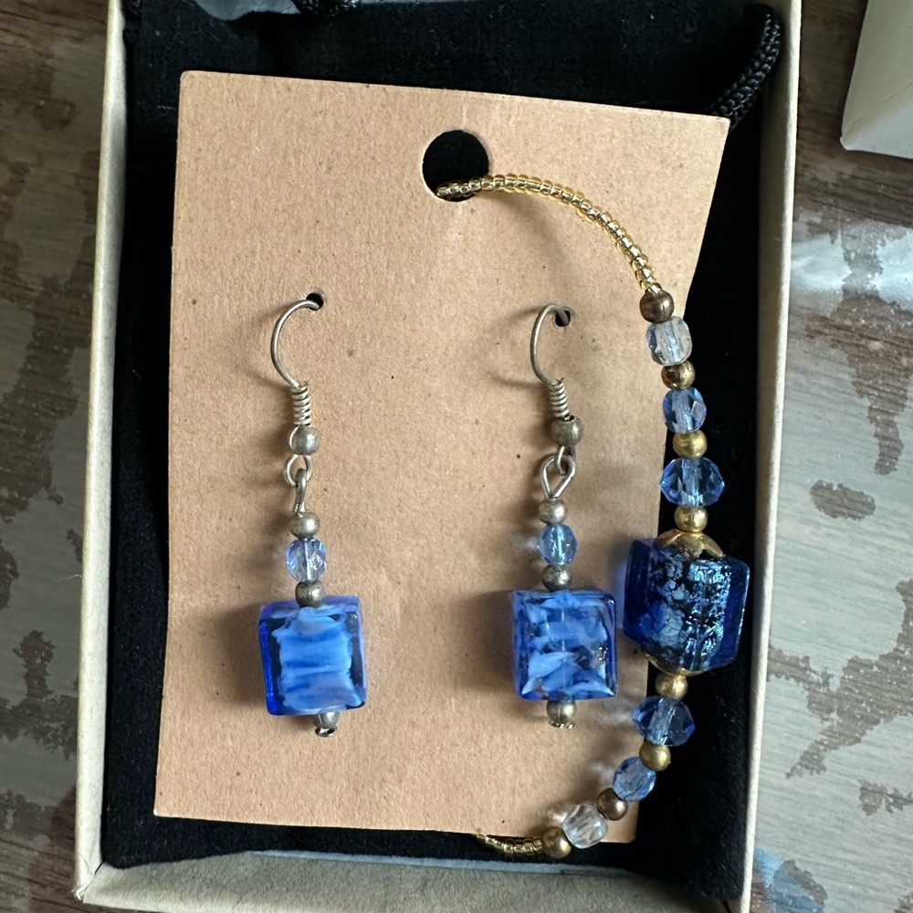 Matching Blue Glass Beaded Earrings and Bracelet Set